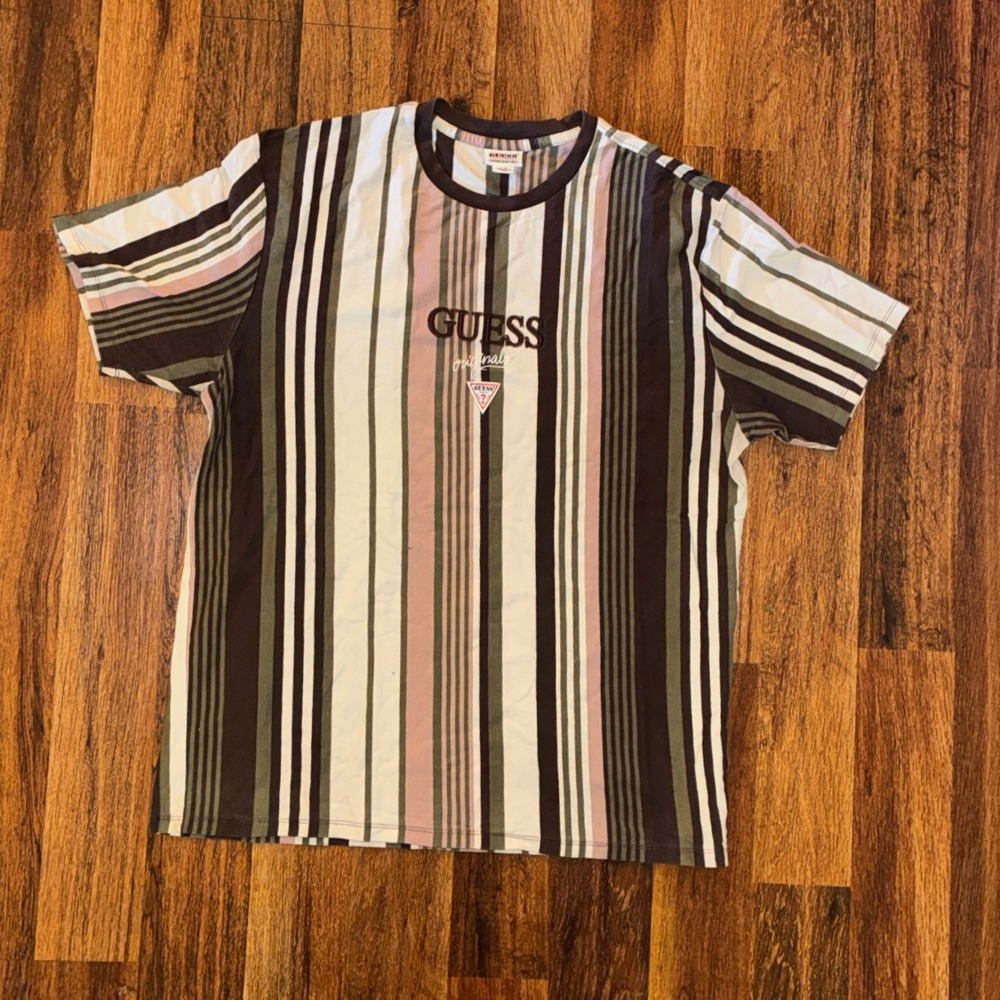 Guess Originals Men Brown Green Pink Striped Short Sleeve T-Shirt Large L